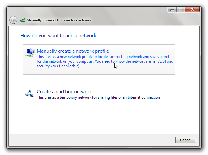Manually create a network profile