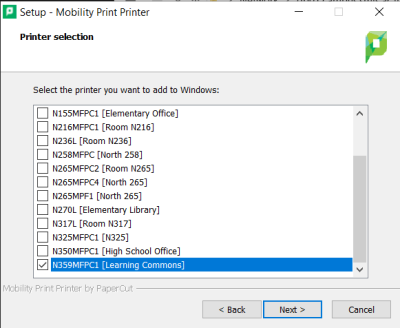 Printer selection dialog